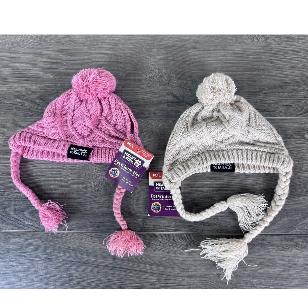 Heart to Tail Pet Winter Hats M/L Pink Cream Lot of 2 NEW NWT